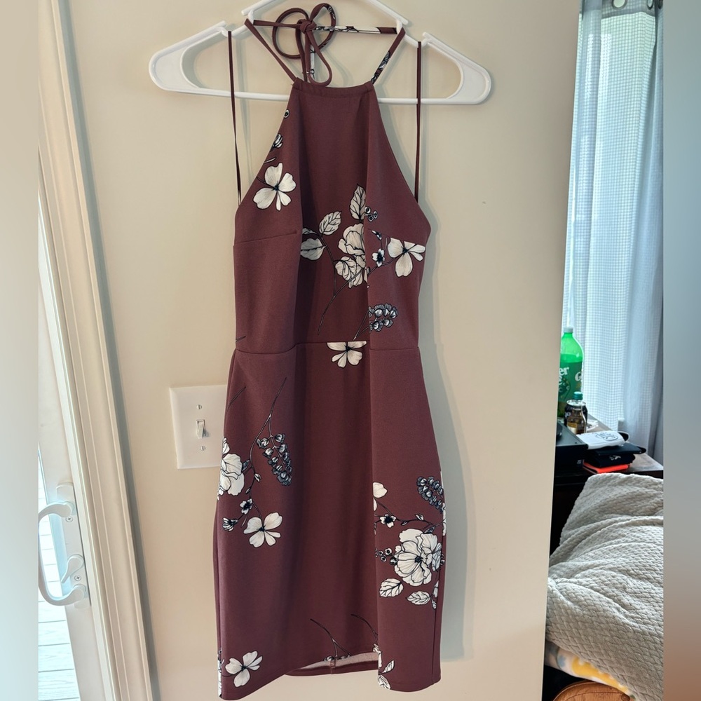 Burgundy Dress w/ White Flowers, Neck Strap XS